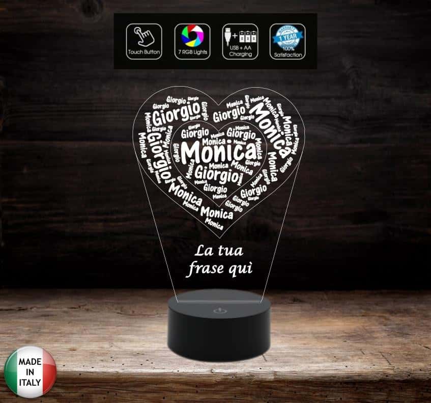 Cuore con nomi e dedica Idea regalo Natale San Valentino Lampada led 7 colori da scrivania Luce da notte - Lampada LED - Amore - Sentimentali