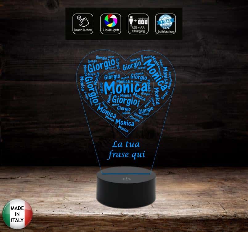 Cuore con nomi e dedica Idea regalo Natale San Valentino Lampada led 7 colori da scrivania Luce da notte - Lampada LED - Amore - Sentimentali