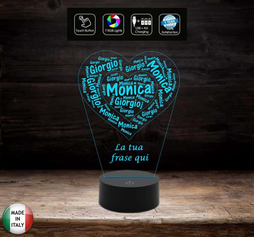 Cuore con nomi e dedica Idea regalo Natale San Valentino Lampada led 7 colori da scrivania Luce da notte - Lampada LED - Amore - Sentimentali