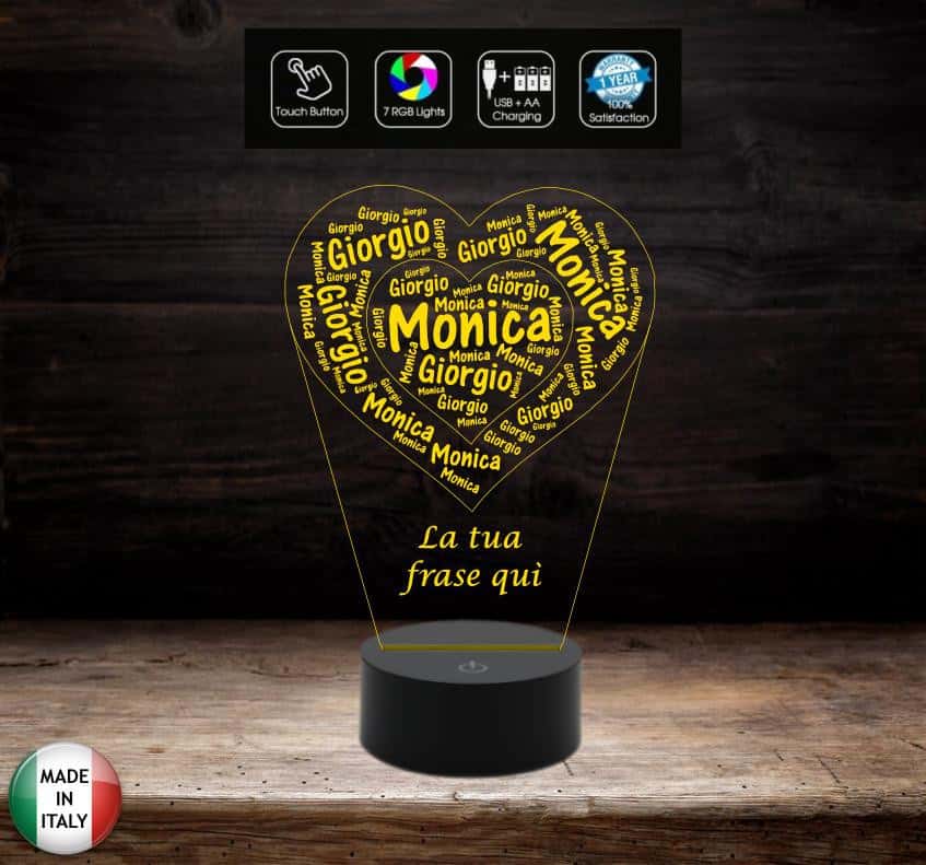 Cuore con nomi e dedica Idea regalo Natale San Valentino Lampada led 7 colori da scrivania Luce da notte - Lampada LED - Amore - Sentimentali