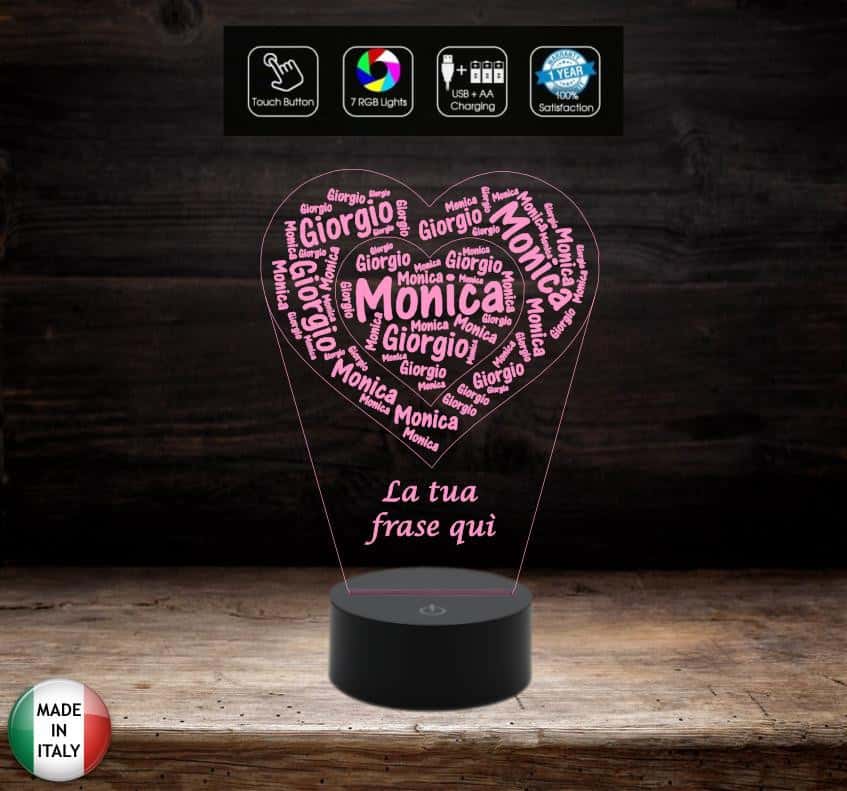 Cuore con nomi e dedica Idea regalo Natale San Valentino Lampada led 7 colori da scrivania Luce da notte - Lampada LED - Amore - Sentimentali