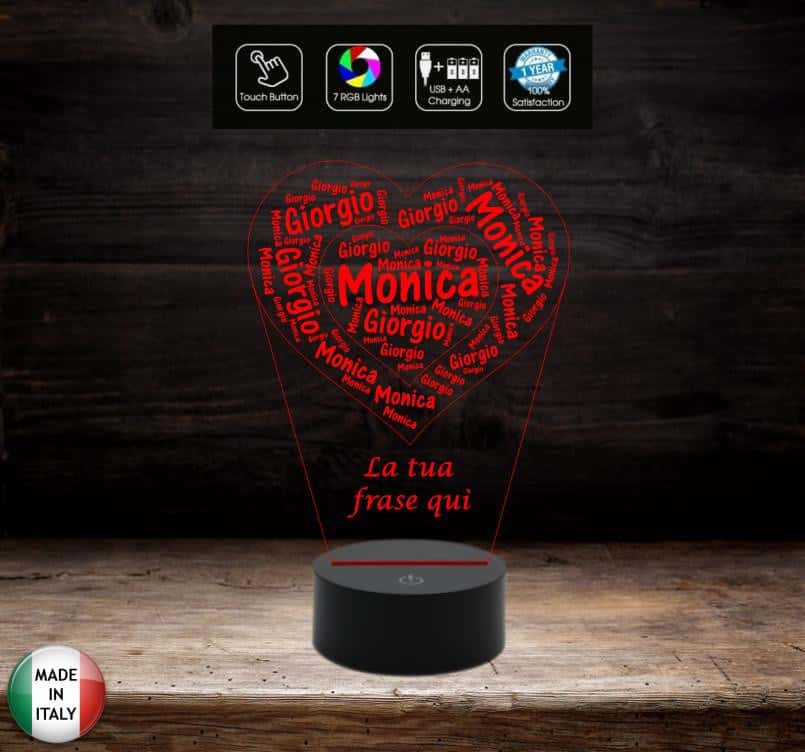 Cuore con nomi e dedica Idea regalo Natale San Valentino Lampada led 7 colori da scrivania Luce da notte - Lampada LED - Amore - Sentimentali