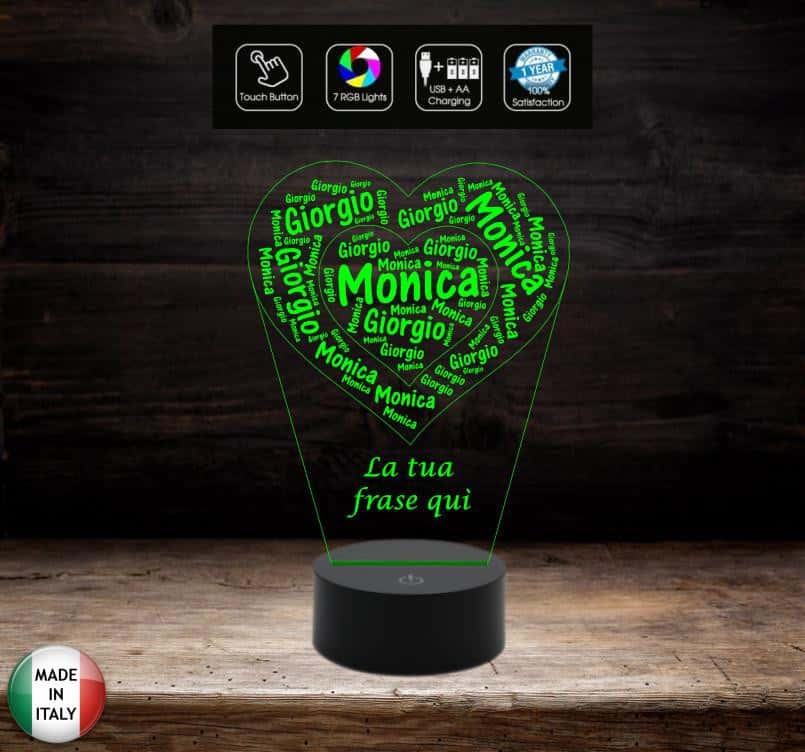 Cuore con nomi e dedica Idea regalo Natale San Valentino Lampada led 7 colori da scrivania Luce da notte - Lampada LED - Amore - Sentimentali