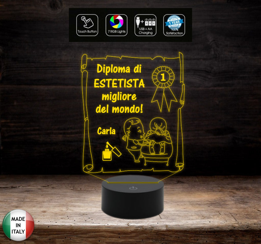 Idea regalo originale per ESTETISTA Lampada led Diploma personalizzabile con nome