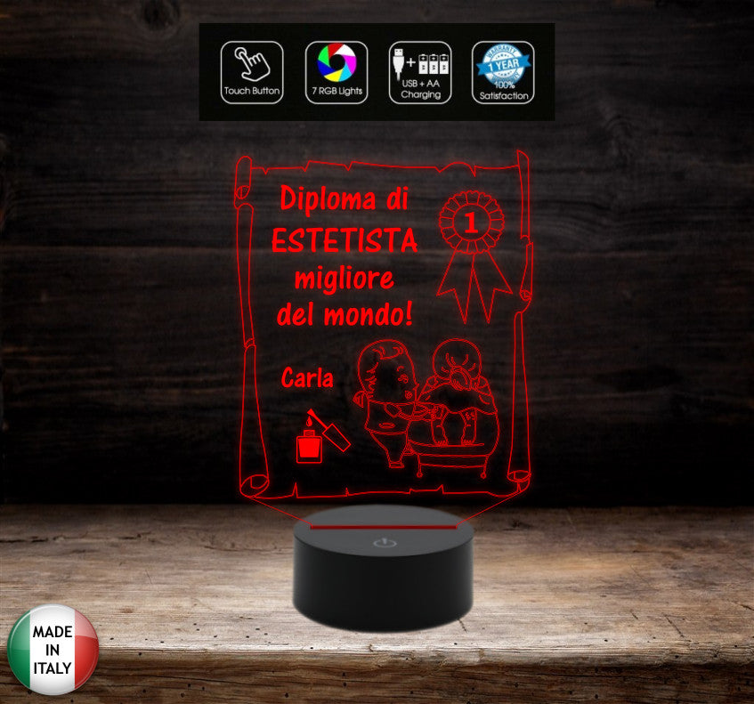 Idea regalo originale per ESTETISTA Lampada led Diploma personalizzabile con nome