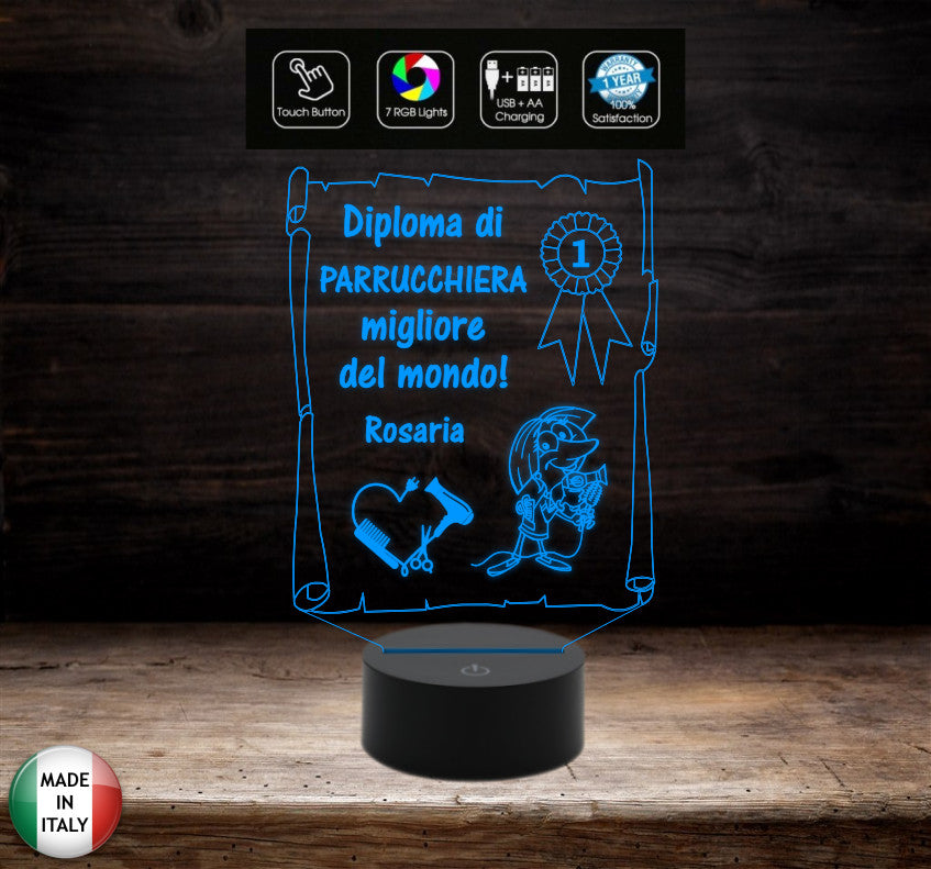 Idea regalo originale per PARRUCCHIERA Lampada led Diploma personalizzabile con nome