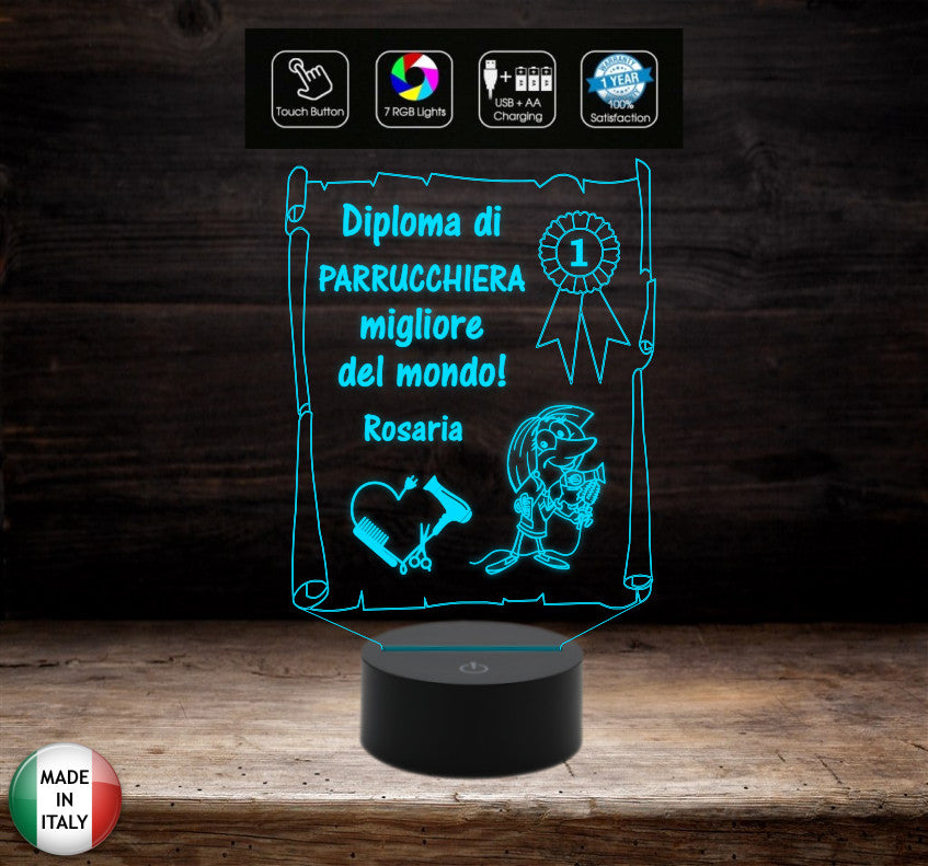 Idea regalo originale per PARRUCCHIERA Lampada led Diploma personalizzabile con nome