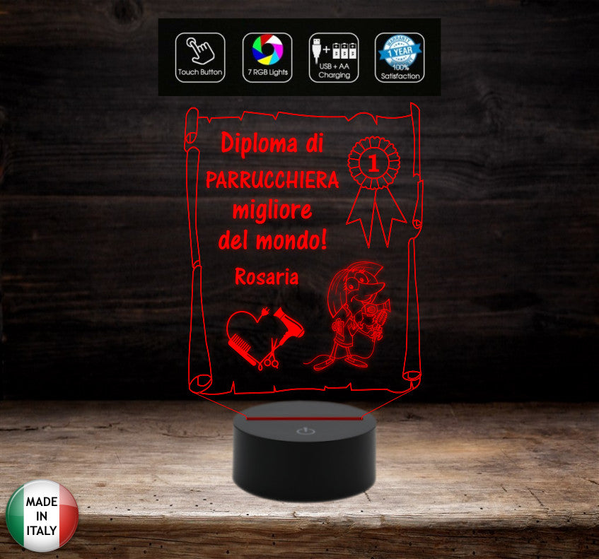 Idea regalo originale per PARRUCCHIERA Lampada led Diploma personalizzabile con nome