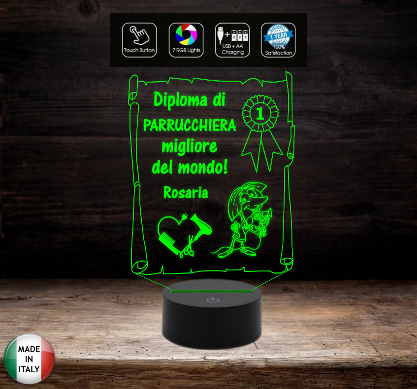 Idea regalo originale per PARRUCCHIERA Lampada led Diploma personalizzabile con nome