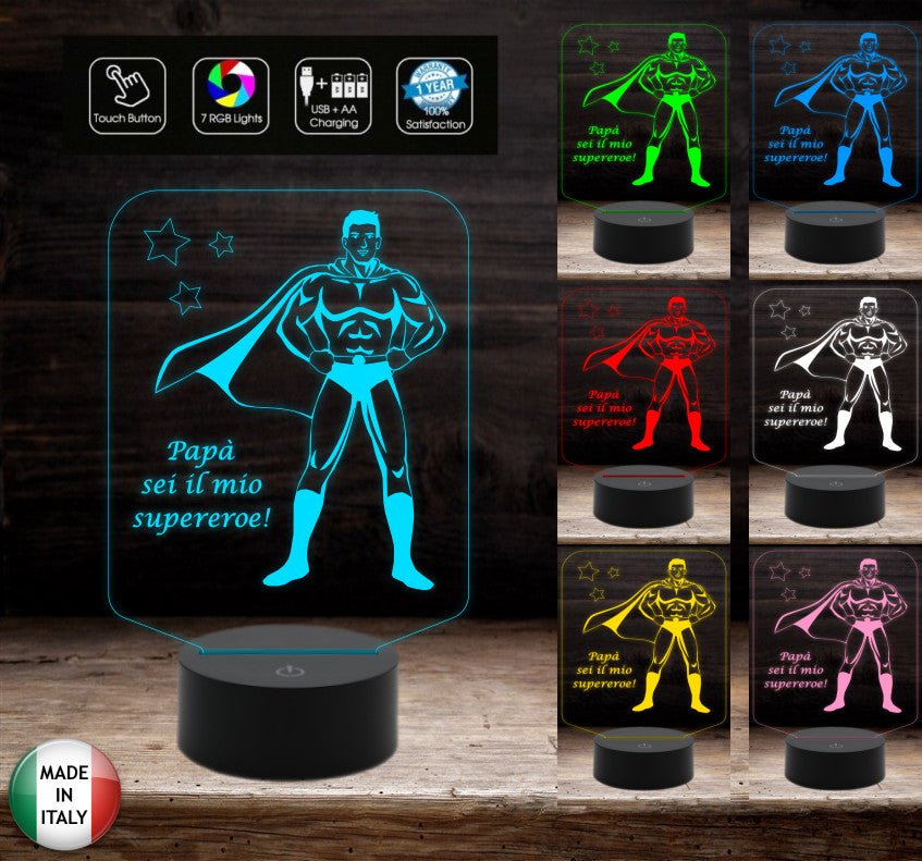 FESTA DEL PAPA’ Lampada led 7 colori da scrivania o ufficio Regalo originale Papà SUPEREROE