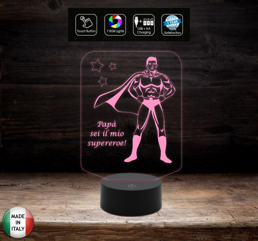 FESTA DEL PAPA’ Lampada led 7 colori da scrivania o ufficio Regalo originale Papà SUPEREROE