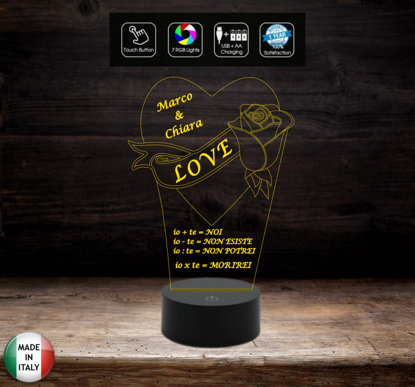 Lampada 7 colori Regalo San Valentino Anniversario Compleanno Idea originale Cuore con rosa e dedica personalizzabile