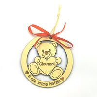 Palla di Natale in legno da appendere IL PRIMO NATALE  con orsacchiotto e personalizzabile con nome Regalo originale nascita bambino bambina